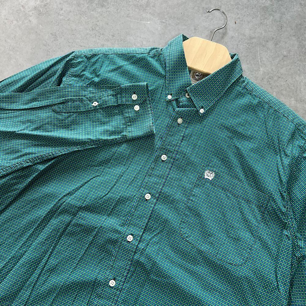 Cinch Button Down Green & Blue Dots Western Long Sleeve Shirt Men’s Size Large